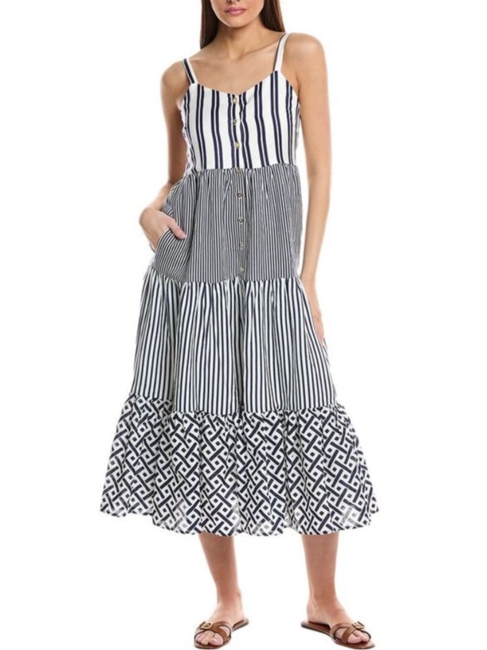 Duffield Lane Duxbury Linen Blend Navy White Midi Dress Size Medium